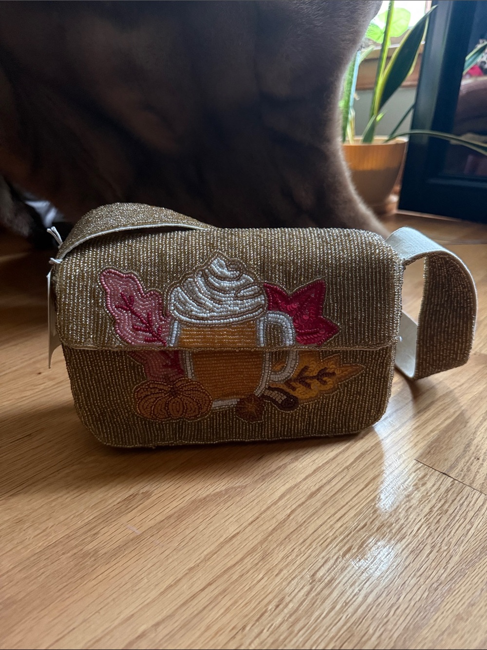 ❇️NWT❇️ SOL and MER Fall Gold Beaded Mini Bag with Autumn Mug Embroidery
